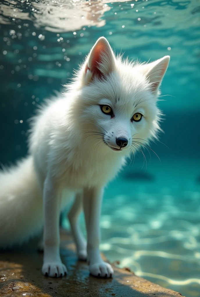 A white fox learning to dive in a lake, cute and realistic style, 1 fox, beautiful detailed eyes, beautiful detailed nose, beautiful detailed mouth, extremely detailed face and fur, wildlife, lake, clear water, underwater, diving, learning, focused expression, photorealistic, 8k, highly detailed, art by artgerm and greg rutkowski and alphonse mucha, cinematic lighting, vibrant colors, dramatic shadows