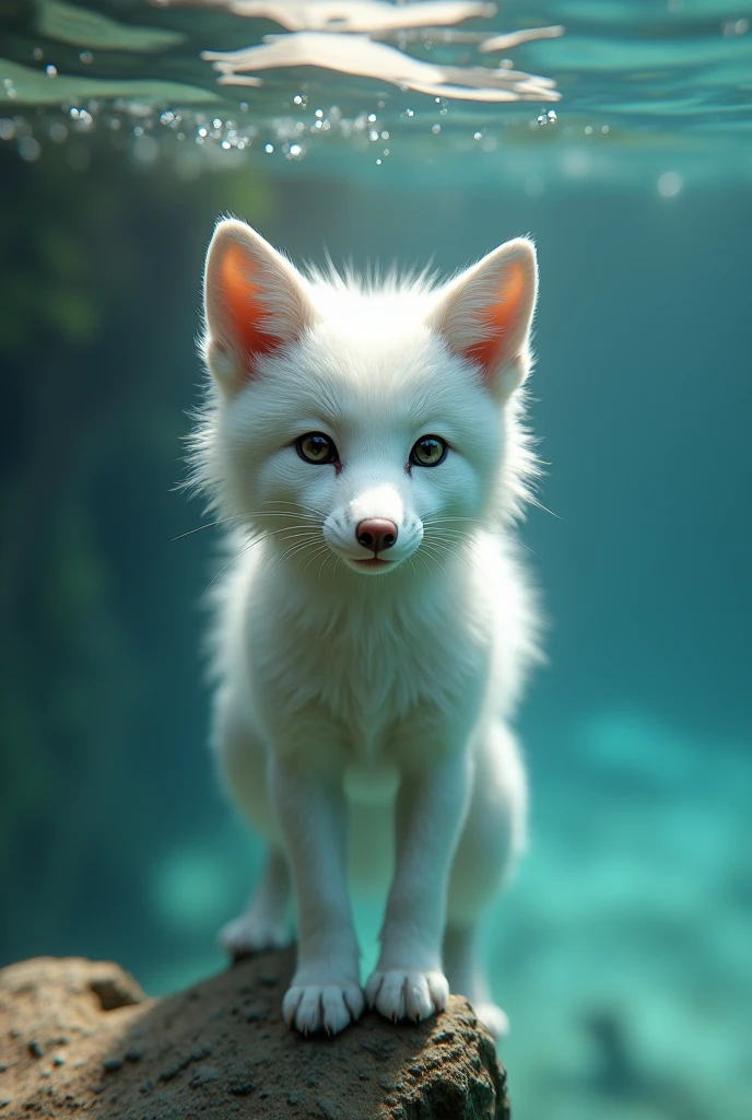 A white fox learning to dive in a lake, cute and realistic style, 1 fox, beautiful detailed eyes, beautiful detailed nose, beautiful detailed mouth, extremely detailed face and fur, wildlife, lake, clear water, underwater, diving, learning, focused expression, photorealistic, 8k, highly detailed, art by artgerm and greg rutkowski and alphonse mucha, cinematic lighting, vibrant colors, dramatic shadows
