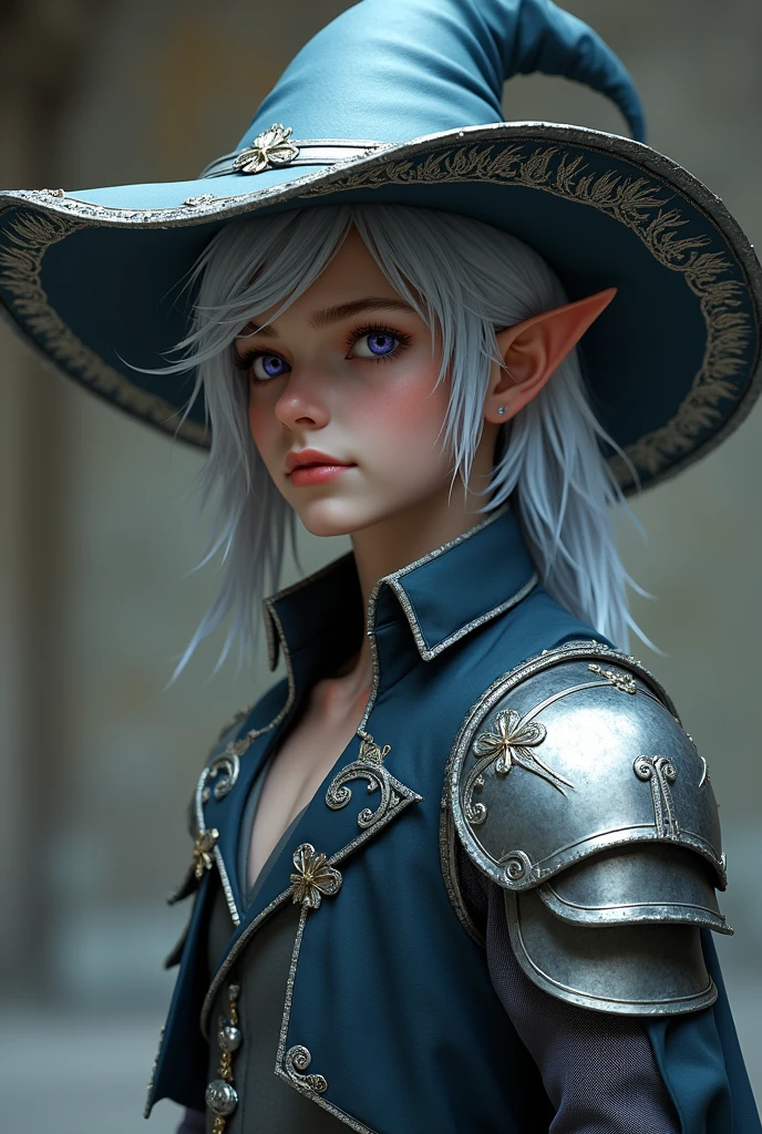 Half-elf man, magician, young, glass prosthesis on right leg, silver hair/violet, White skin, grey eyes, light armor, Sombrero de magician