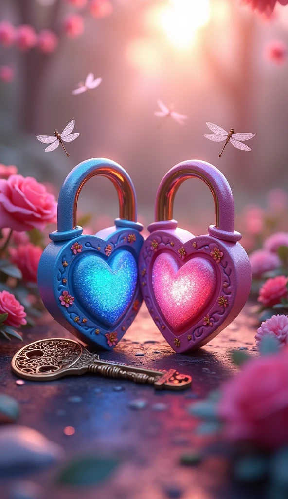 A mesmerizing 3D render of a magical garden scene, where two intertwined padlocks symbolize the union of lovebetween sunset and sunrise. The padlocks, intricately designed, bear "matsu" a romantic blue heart shape and "rubi" a playful pink heart shape. The locks are adorned with roses and emit a soft glow, creating a mystical atmosphere. Pink and blue dragonflies dance around the padlocks, adding to the whimsical charm. A golden key with intricate hearts motifs sits beside the padlocks, ready to unlock the secrets of love. This enchanting artwork masterfully combines typography, illustration, and 3D rendering, evoking a love story or fairy tale, and highlights the artist's exceptional talent in blending various creative elements., typography, 3d render, photo, illustrationLess