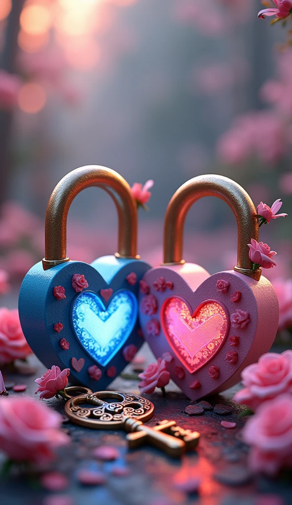 A mesmerizing 3D render of a magical garden scene, where two intertwined padlocks symbolize the union of lovebetween sunset and sunrise. The padlocks, intricately designed, bear "matsu" a romantic blue heart shape and "rubi" a playful pink heart shape. The locks are adorned with roses and emit a soft glow, creating a mystical atmosphere. Pink and blue dragonflies dance around the padlocks, adding to the whimsical charm. A golden key with intricate hearts motifs sits beside the padlocks, ready to unlock the secrets of love. This enchanting artwork masterfully combines typography, illustration, and 3D rendering, evoking a love story or fairy tale, and highlights the artist's exceptional talent in blending various creative elements., typography, 3d render, photo, illustrationLess
