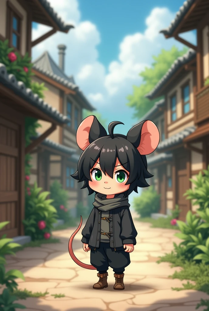 anime, human boy, small stature, black fur, mouse ears,dark clothes green eyes, village fund