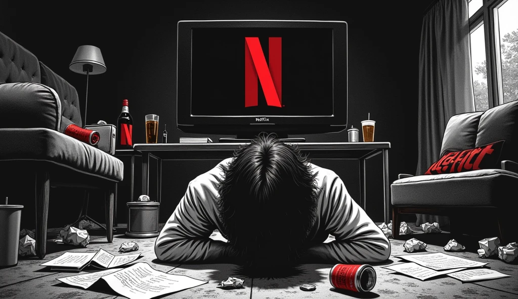 Create a black and white manga style image with colored highlight point on the image, In this image I need to portray a dramatic scene of someone lazy, procratinando, a tv with nwtflix and a table with drinks in the background.
