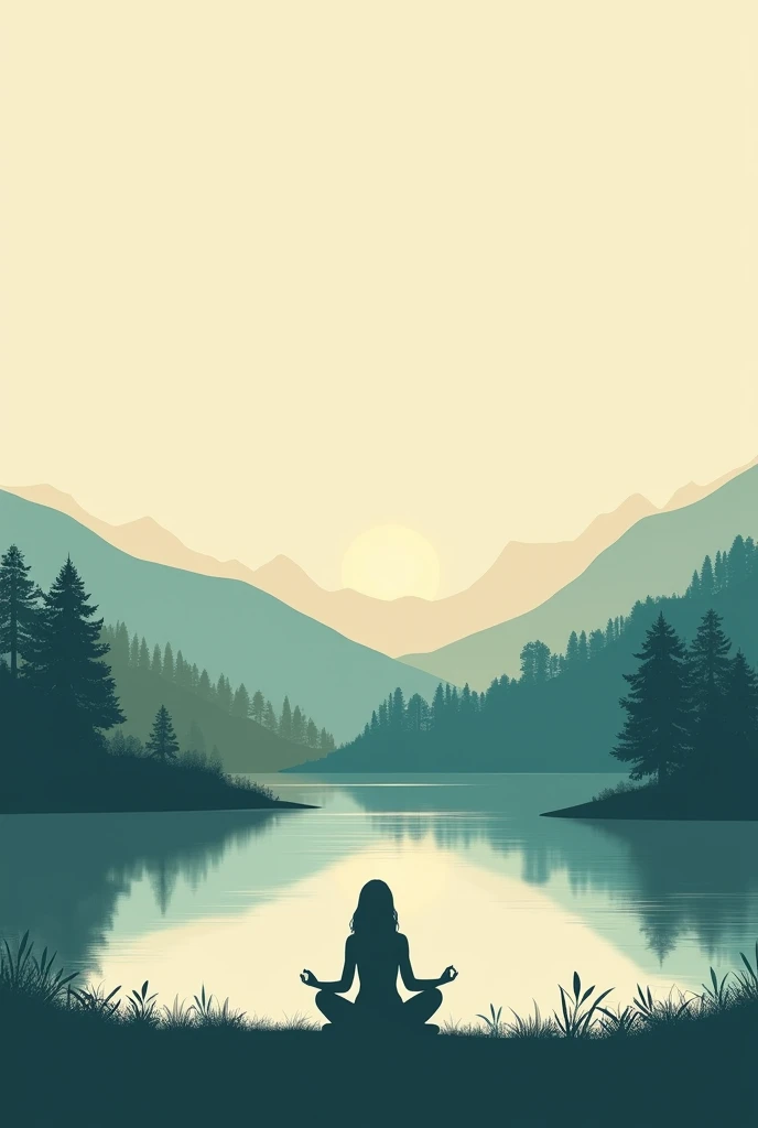 A panoramic image that combines visual elements of nature, like a landscape with gentle mountains, a clear sky at dawn, or a serene lake surrounded by green trees. You could include a silhouette of a person meditating in the center or in a corner., reflecting calm and inner balance. Accompanying the image, in a clear and modern typeface, add the name of the page (if you wish) or a short slogan like "Find peace in every day" in a color that contrasts gently with the background, like white or beige. size 16x9