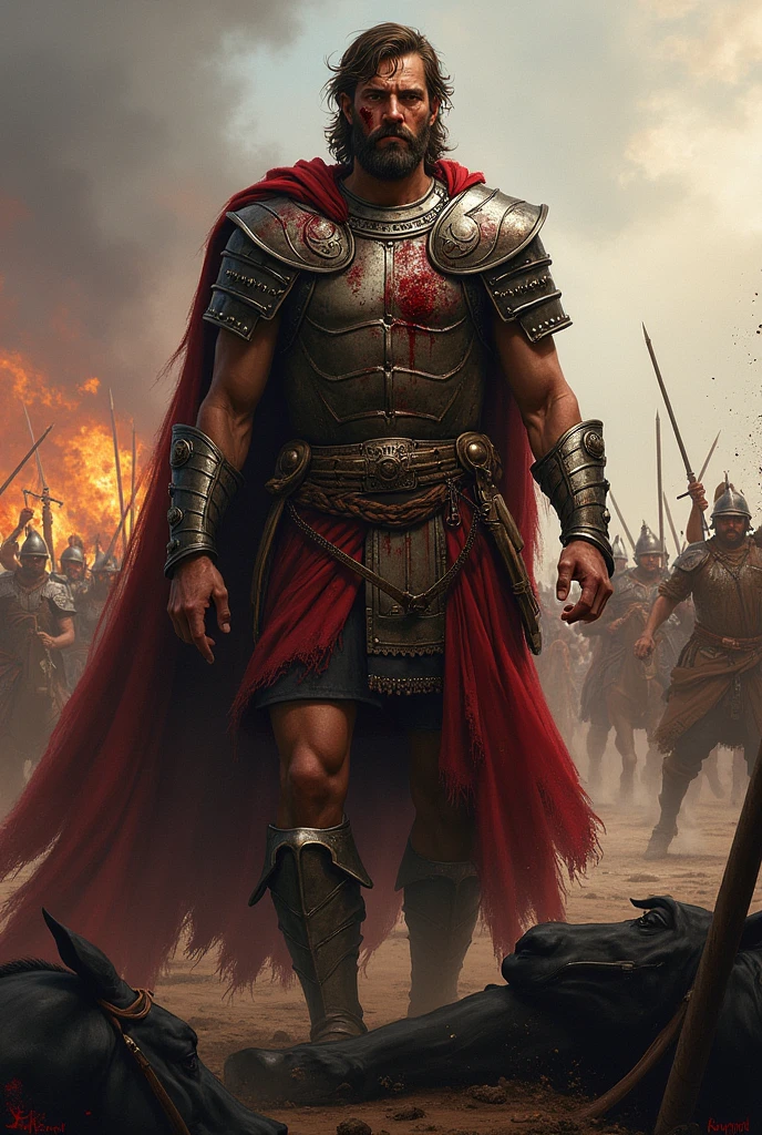 King Alexander is wounded, his horse fallen, yet he continues to fight with a determined expression. Blood comming out form his face