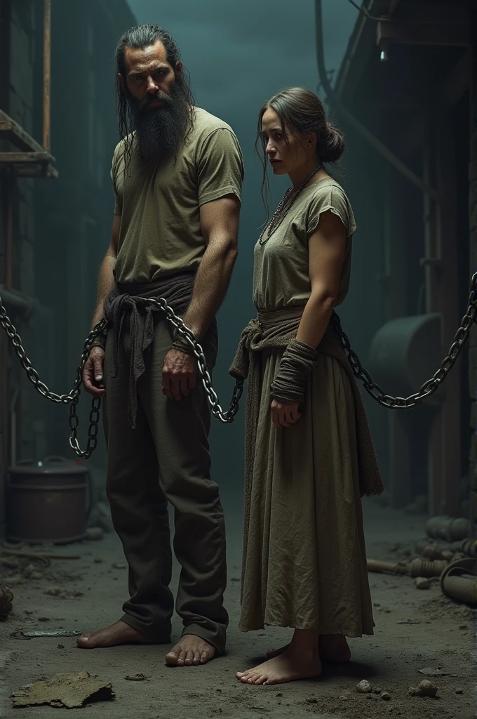 A poor man and woman, both bound with chains