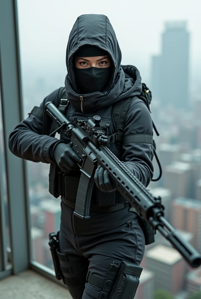 Masked North Korean female sniper stands on the roof of a high-rise building
