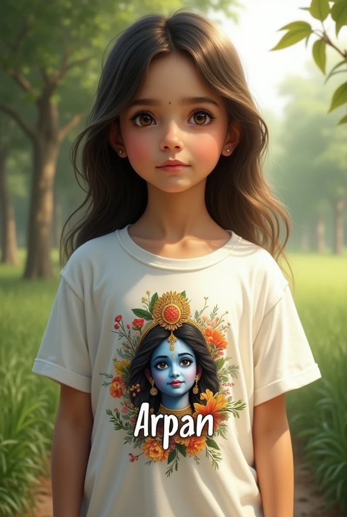 Imagine a young girl wear a white t shirt name printed (Arpan) with lord Krishna