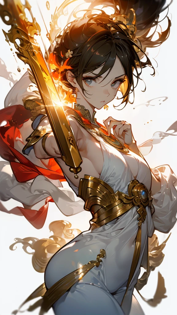 ((masterpiece, best quality)), Epic battlefield atmosphere,Delicate face,Sun Wukong,Fight the Holy Buddha,whole body,Perfect body proportions,Fiery Eyes,Fantasy style,White background