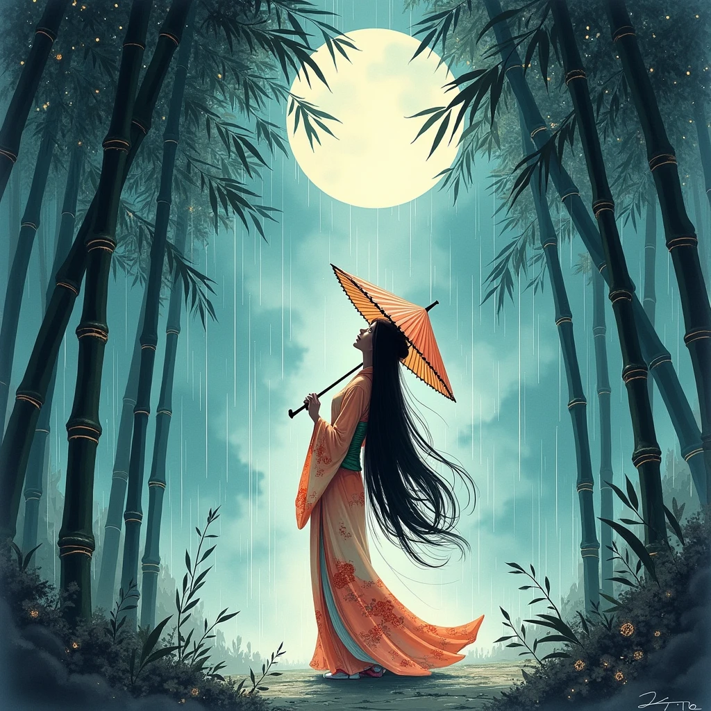 Dynamic ink painting of a bamboo grove in Japan, Great art, Deep feelings, Shoot ground level., The most beautiful bamboo forest in the world, Bamboo leaves shine through the rain, moon\(light blue\) The sky has some clouds., beautiful woman\(Ancient Japanese Nobles, Beautiful kimono set, Beautiful long black hair\) looking up at the moon holding an umbrella,It&#39;s drizzling., Fireflies are flying around., Bamboo leaves are placed in three dimensions in the foreground., long distance shot
