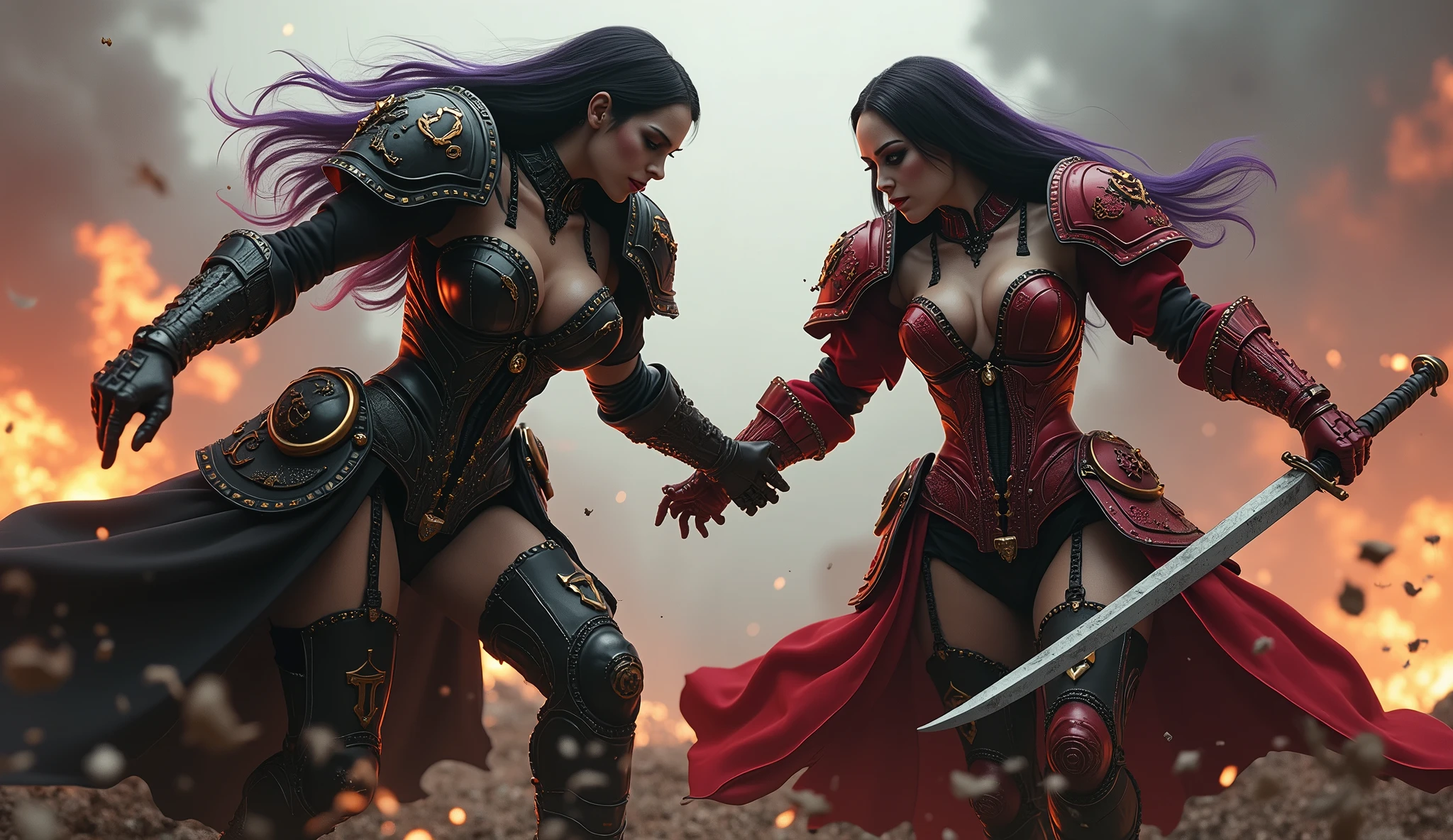 Full body pose sisters of battle from the warhammer 40k, red, black and white armor, religous symbols on the armor, sisters of battle, warhammer 40k, Massive silicone breast, pale skin, seductive, temptation, eat your soul, clevage, long flowing black hair with purple highlights, heavy gothic makeup, at night, neon, beautiful detailed eyes, beautiful detailed lips, extremely detailed eyes and face, long eyelashes, highly detailed armor, intricate weaponry, dramatic lighting, cinematic composition, muted color palette, gritty and realistic, mecha, science fiction, hyper-detailed, photorealistic, award winning digital art, 8k, HDR, masters work, in the middle of a battle field, full body combat action pose, explosions and fire around, full war, stunning, Stilleto heels, high heels, full body pose, 