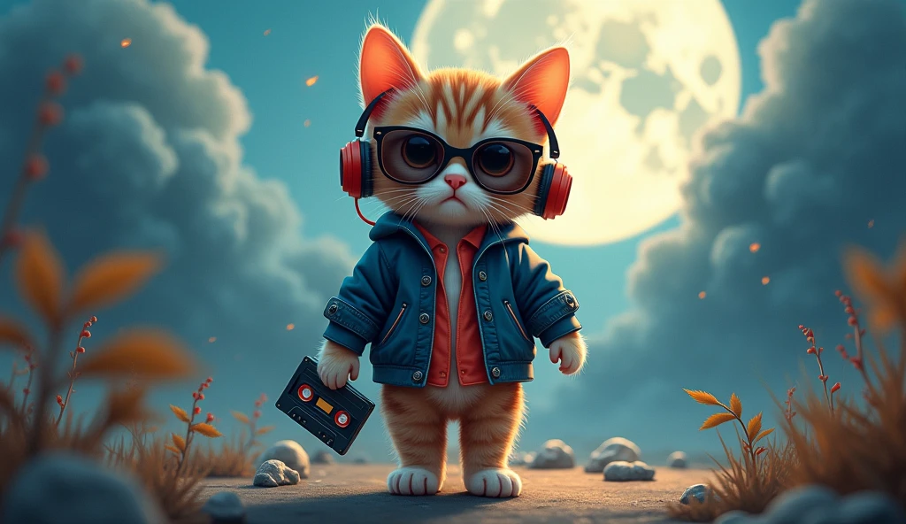 Perfect centering, Cute kitten, Wear a school jacket, Wear sunglasses, Wearing headphones and holding a cassette tape, Standing position, Abstract Beauty, Centered, Looking into the camera, To the camera, Near perfect, dynamic, moonlight, Very detailed, Digital Painting, artステーション, コンセプトart, Smooth, Sharp focus, 8k, High resolution, shape, art:Khan Griffith and Vadim Kashin, White background 16,9