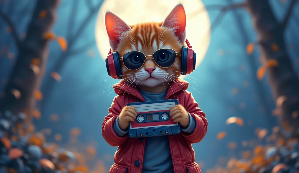Perfect centering, Cute kitten, Wear a school jacket, Wear sunglasses, Wearing headphones and holding a cassette tape, Standing position, Abstract Beauty, Centered, Looking into the camera, To the camera, Near perfect, dynamic, moonlight, Very detailed, Digital Painting, artステーション, コンセプトart, Smooth, Sharp focus, 8k, High resolution, shape, art:Khan Griffith and Vadim Kashin, White background 16,9