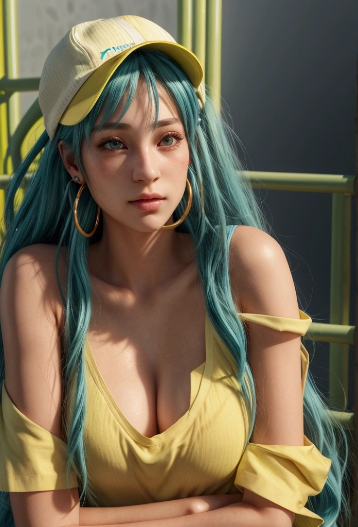 skistyle, miku hatsune, masterpiece, best quality, 1girl, blush, green eyes, cap, closed mouth, earrings, hat, hoop earrings, jewelry, looking at viewer, shirt, simple background, solo, upper body, yellow shirt , ultra high res, (photorealistic:1.4)