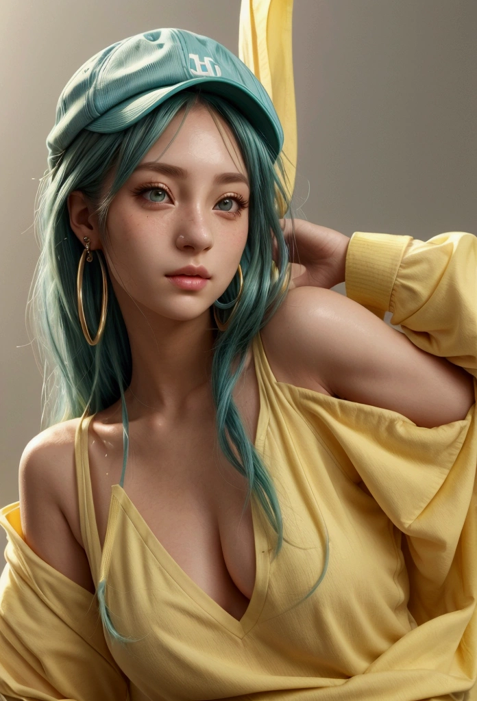 skistyle, miku hatsune, masterpiece, best quality, 1girl, blush, green eyes, cap, closed mouth, earrings, hat, hoop earrings, jewelry, looking at viewer, shirt, simple background, solo, upper body, yellow shirt , ultra high res, (photorealistic:1.4)