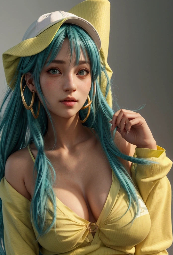skistyle, miku hatsune, masterpiece, best quality, 1girl, blush, green eyes, cap, closed mouth, earrings, hat, hoop earrings, jewelry, looking at viewer, shirt, simple background, solo, upper body, yellow shirt , ultra high res, (photorealistic:1.4)