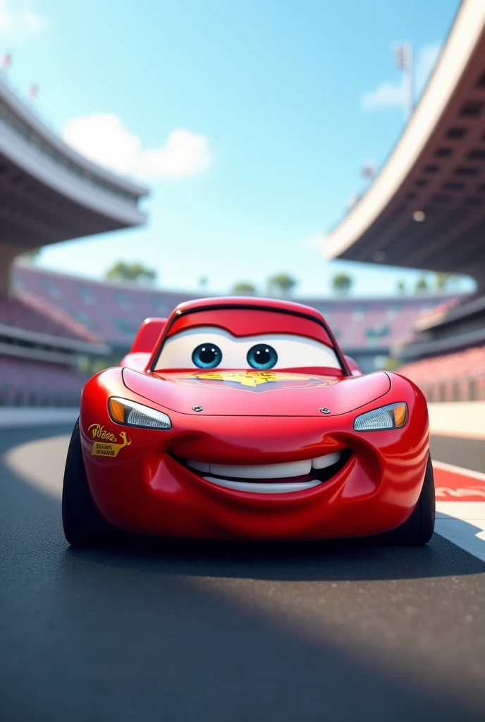 a red car stopped on a track, with a confident face, cartoon style