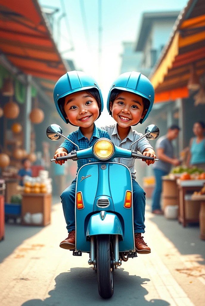 (best quality, masterpiece, watercoloor style), (Dua orang laki laki ride tandem pada sebuah sepeda motor vespa, caricature, riding a blue vespa motorbike, wearing a blue helmet, ride tandem, wearing a blue checkered shirt,), (in the middle of a traditional market in Indonesia,)