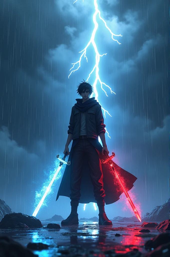 Create A 3d illustration of an Anime Men Character Who Is Stand Alone In Rain And In The Sky Lightening And The Anime Men Character Is Holding A Magical Sword A Blue And Red Flame Came Out Of The Sword.