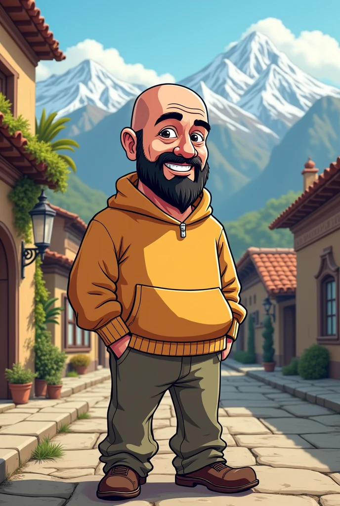 Victor Eugenio Mardones Castro 3 bald with mustache and black beard sweatshirt and wide pants in exact location San Jose de Maipo Chile cartoon