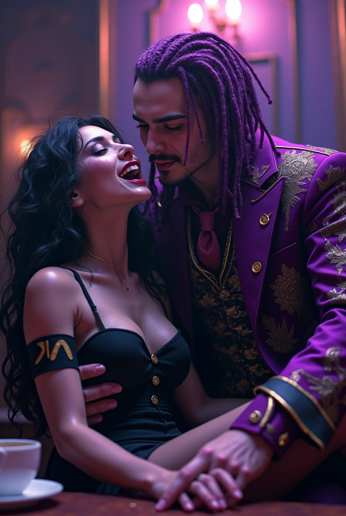 {{1boy, 1girl},{{shakled kidnapped woman in chair}},{{purple man}}, purple and black tea parlor,horror fantasy,mad hatter dinner party,{{completely unresponsive woman (purple dribble, horrific grin, doe eyed, dilated pupils lifeless eyes, black Alice in wonderland outfit, "A" printed on them)}}}, man dressed as mad hatter(purple and gold dreadlocks ,handsome, lanky physique, gold and violet swirl eyes, slick battle worn purple and dirty yellow three peice suit over shirt with a slashed open and a purple and violet striped cap) }}, man squeezung woman face ,madness Anger and passion on the man face, {{{{{{{2.5d, unreal Engine, celshading, voxel, masterpiece, hdr, 8k, sharp gradients, deep highlights, incredibly detailed, ray tracing, best quality, amazing quality, very aesthetic, hyper-detailed characters, incredibly absurdres, detailed background}}}}}}, {,perfect, anatomy, perfect perspectives, perfect hands, perfect face, hyper stylistic, amazing lighting, incredibly stylistic, dark cool tones rich atmospheric shading, sensual shadowing, sensual atmosphere, dynamic angle, dynamic pose, dynamic perspective, dynamic line of action, Raw sensuality, fabric texture, sensuous angle, skin indentations