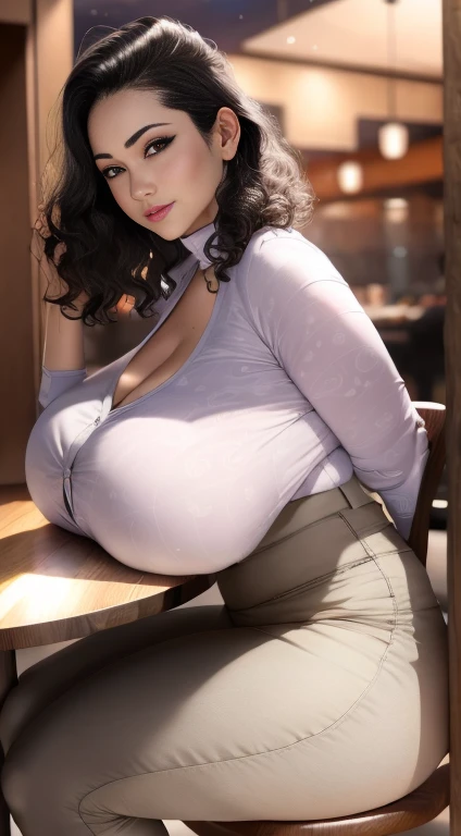 Tabletop, Highest quality、Realistic, ( Intricate details, Depth of written boundary)、Hyperrealism, 8k, Highest quality, Super Detail, retina, Very detailed, Perfect Face, Perfect body, Huge breasts, narrow, Very big ass, Glamour, short hair、Beautiful woman,Black Hair、Japanese Goddess、 Perfect appearance, smile, 20-year-old, Oily skin、Glowing Skin、indirect lighting, Anatomically correct、Skin Texture、Big eyes, （(all body)),gigantic breasts, sideboob, Cable-knit Sweater, parted lips, thighs, zettai ryouiki, cleavage, cafe, model posing, ((Patterned Shirt)),((Maxi Skirt)), cafe, Swayback stance, Emphasize the cleavage, Emphasize the cleavage