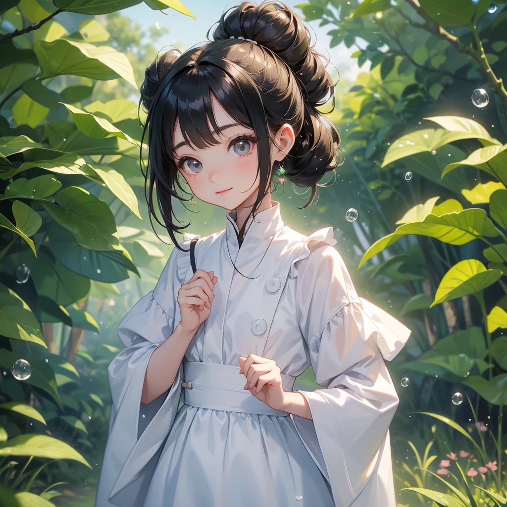 A chibi child girl had a small face and wearing a white little tourist priest’s outfit, a pair of big round eyes shone with curiosity about him. This child was so cute, her hair is black with buns on her hair. Small chibi , chibi baby, smiling , chibi. 

Background is trees, vegetables, lush green, with water drops after rain, with water droplets everywhere, green