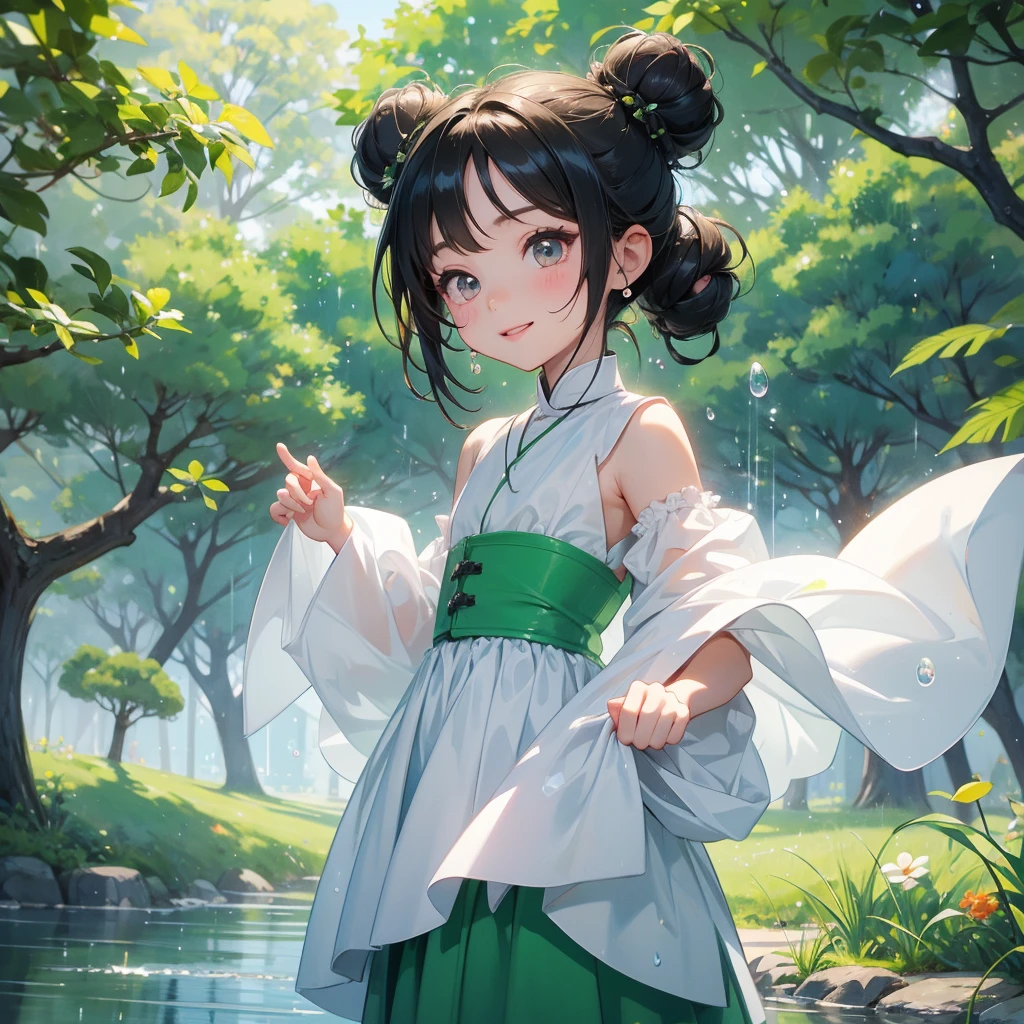 A chibi  girl had a small face and wearing a white little tourist priest’s outfit, a pair of big round eyes shone with curiosity about him. This childso cute, her hair is black with buns on her hair. Small chibi , chibi baby, smil, chibi. 

Background is trees, vegetables, lush green, with water drops after rain, with water droplets everywhere, green