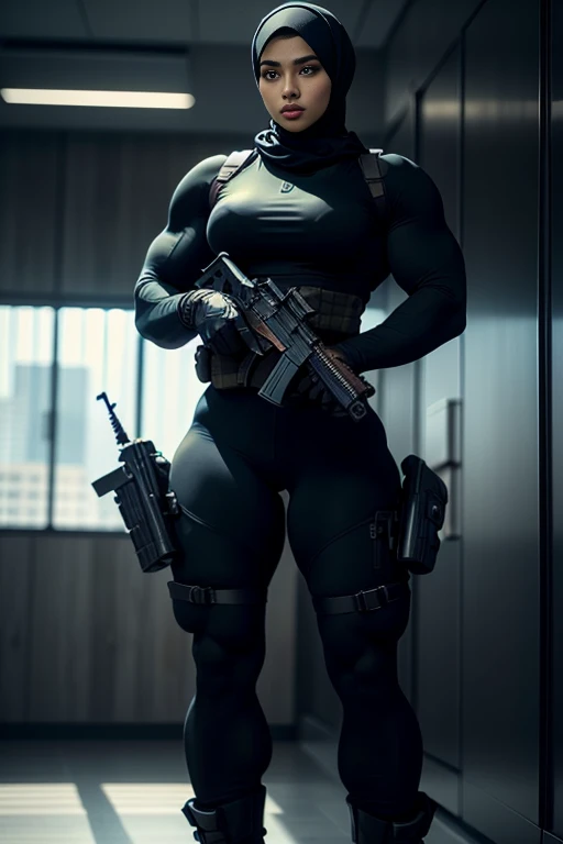 Photorealistic, high resolution, 1 malay woman in hijab, Solo, Hips up, Gaza background,view the viewer, (Detailed face), Black hijab, SWAT vests, sniper rifle handle, Black military uniform, bulletproof vest, Holding an assault rifle, M16, Inside the city of Kuala Lumpur, Very detailed, Perfect face, Black eye, jewelry, (full body view), Lifelike, masterpiece, HDR, 4K