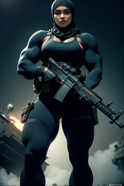 Photorealistic, high resolution, 1 malay woman in hijab, Solo, Hips up, Gaza background,view the viewer, (Detailed face), Black hijab, SWAT vests, sniper rifle handle, Black military uniform, bulletproof vest, Holding an assault rifle, M16, Inside the city of Kuala Lumpur, Very detailed, Perfect face, Black eye, jewelry, (full body view), Lifelike, masterpiece, HDR, 4K
