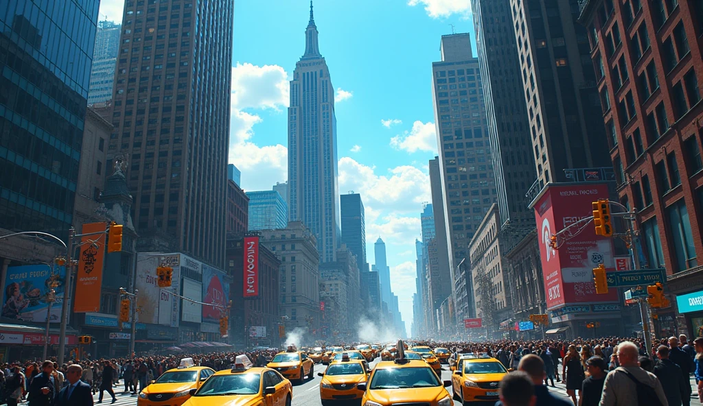 New York City by day, in chaos; blue sky