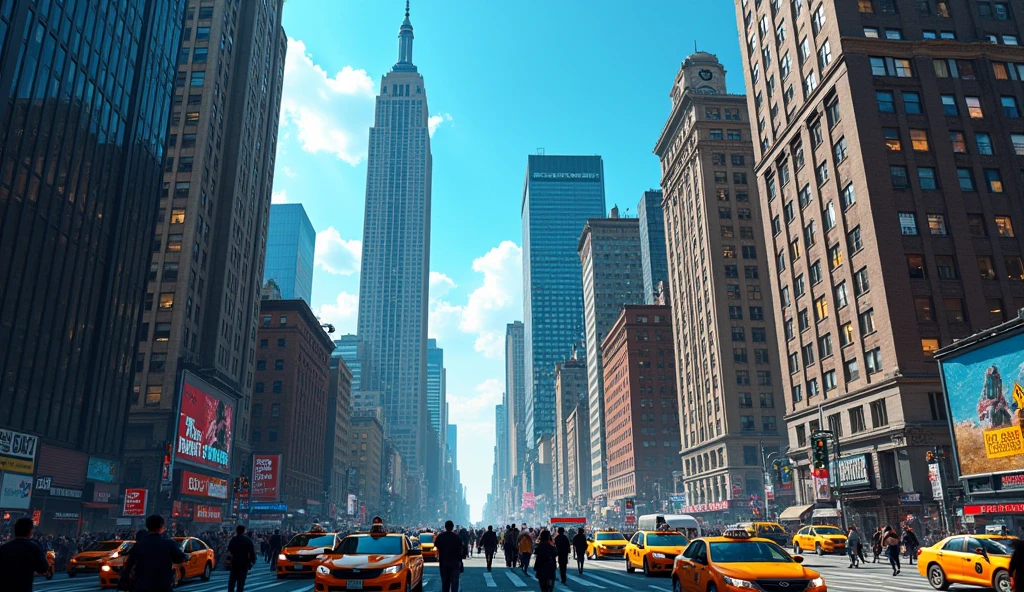 New York City by day, in chaos; blue sky