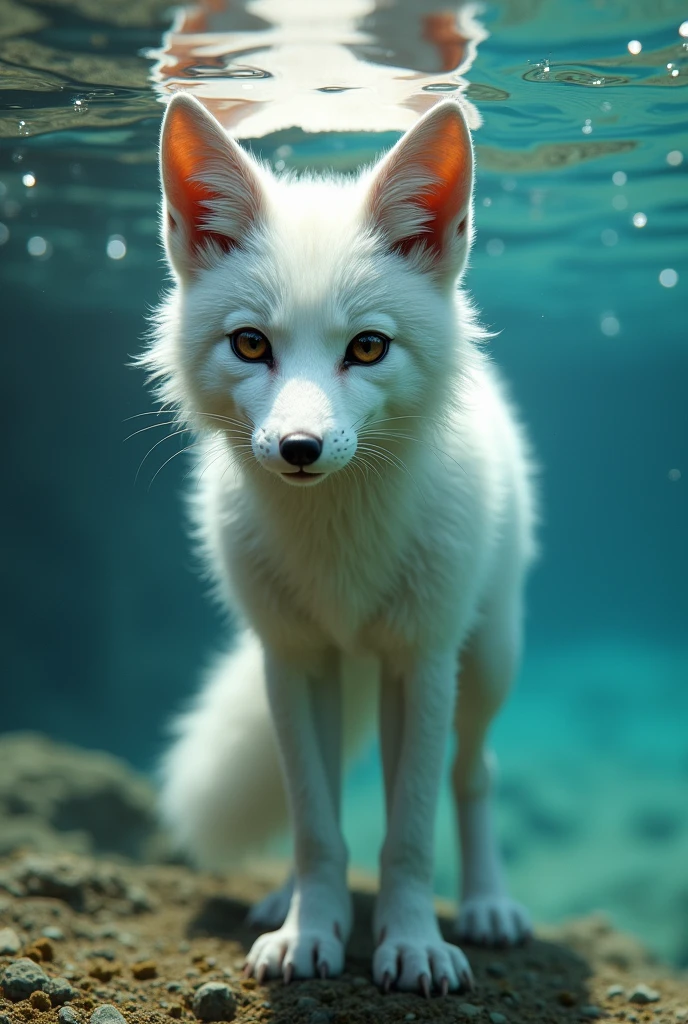 A white fox learning to dive in a lake, cute and realistic style, 1 fox, beautiful detailed eyes, beautiful detailed nose, beautiful detailed mouth, extremely detailed face and fur, wildlife, lake, clear water, underwater, diving, learning, focused expression, photorealistic, 8k, highly detailed, art by artgerm and greg rutkowski and alphonse mucha, cinematic lighting, vibrant colors, dramatic shadows