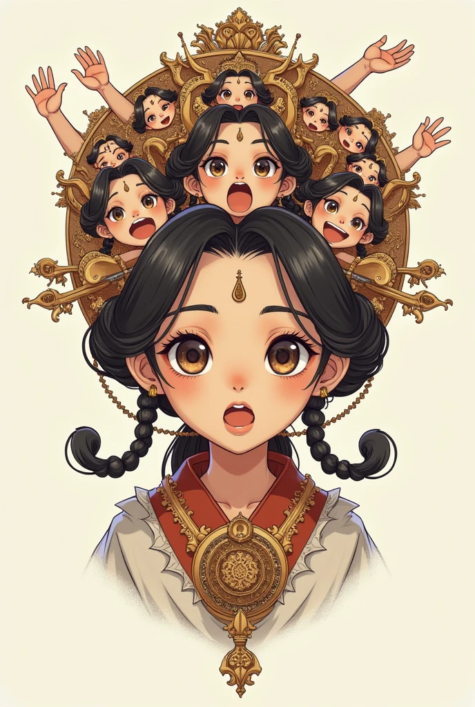 
girl character in head dress with various faces displayed, in the style of emotive gestures and expressions, dark beige and brown, lively action poses, kintsukuroi, grid-based, utilitarian,. ,32k, on white background 