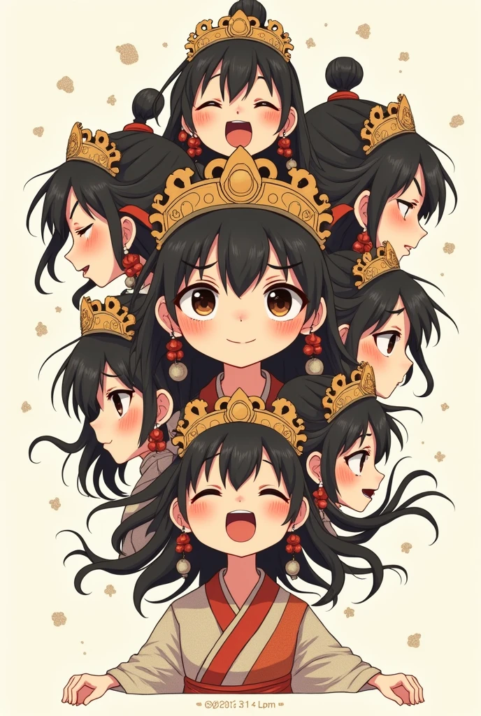 
girl character in head dress with various faces displayed, in the style of emotive gestures and expressions, dark beige and brown, lively action poses, kintsukuroi, grid-based, utilitarian,. ,32k, on white background 
