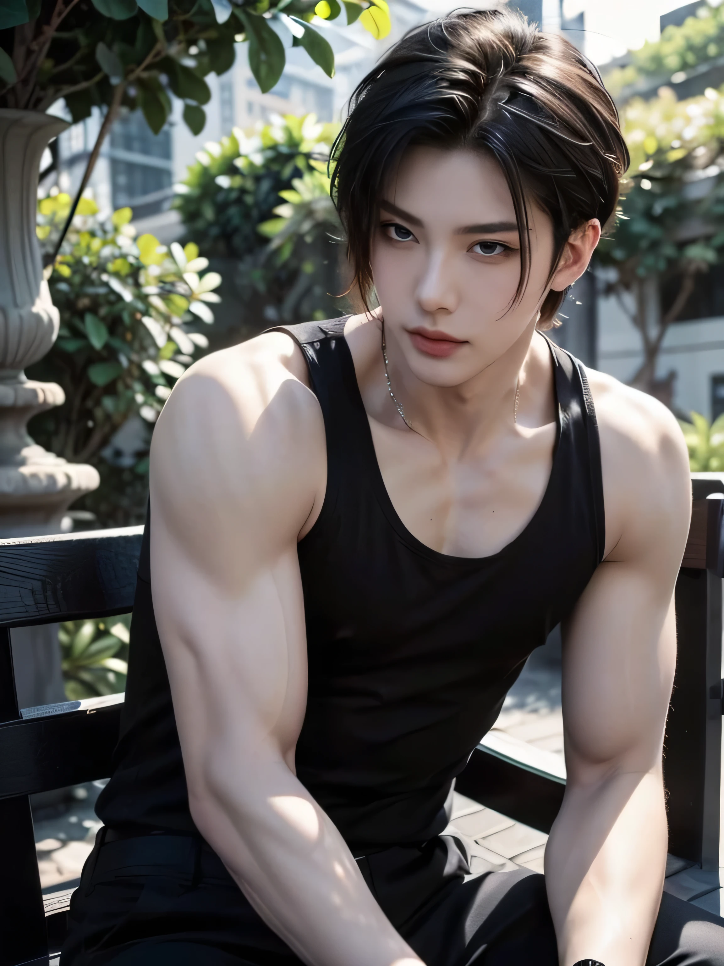 "Cinematic composition of a handsome and charming young man in his 20s with a Sleek and Straight Long Hairstyle men, glowing skin, and a perfectly sculpted body. He wears a men's black tank top, black pants. The man poses confidently and relaxed like a sigma male in a somewhere park setting, with beauty flowers in background. The lighting emphasizes his toned physique and radiant skin, creating a powerful yet relaxed atmosphere, trending on ArtStation."