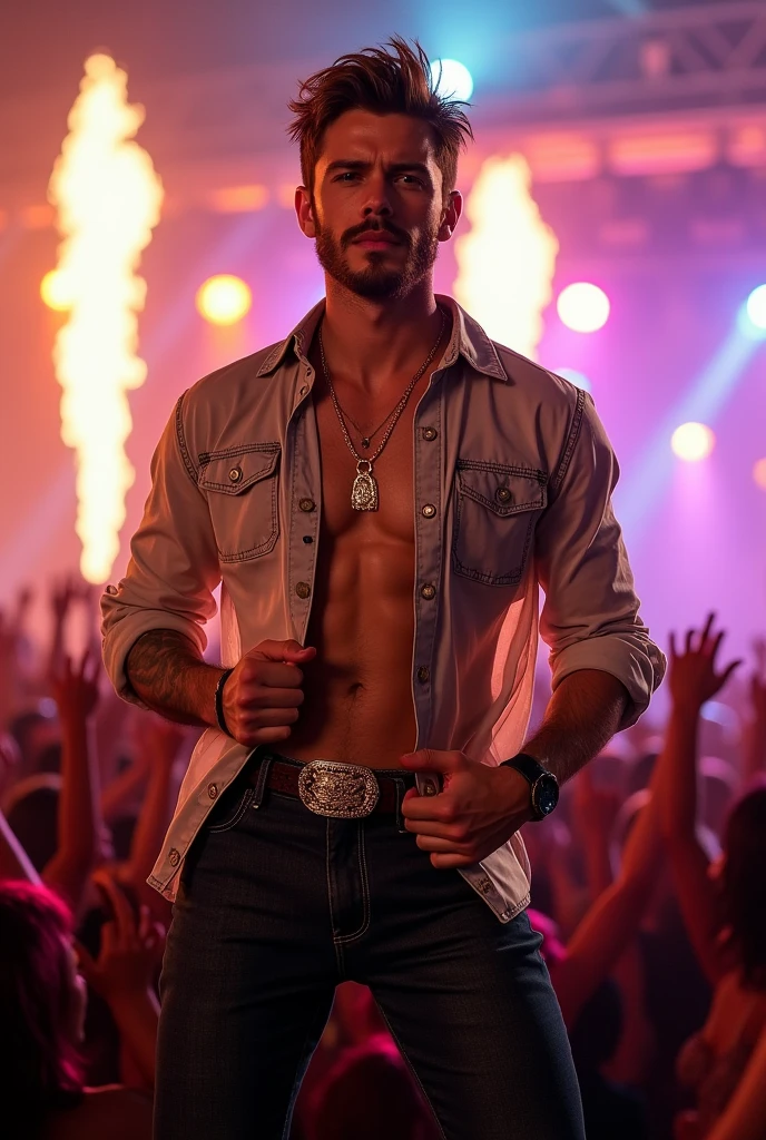 create a country singer style: Gustavo Lima, handsome, Cao Cao, beard and regua, tufty hair, light brown, wearing tight pants, tight shirts ,
in an environment with lots of people and girls crazy about him, a stage full of lights and very beautiful, I need the face to be very apparent, a transparent country shirt showing off his beautiful physique, he wears a gold necklace , with a hollow pendant with a 30cm circle