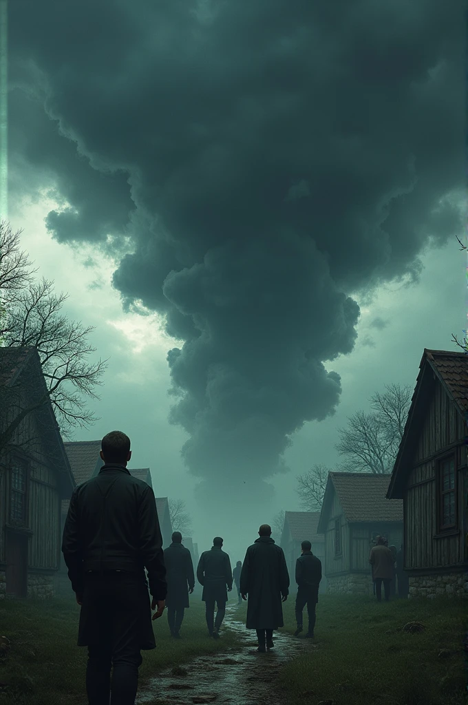 Dark clouds begin to gather in the sky, and the earth starts to tremble. People look at each other with growing fear and concern as an ominous atmosphere settles over the village