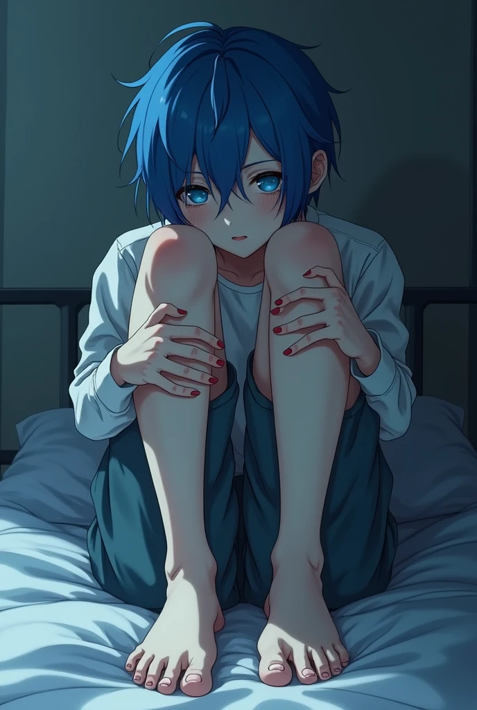 Emo anime boy, pale skin, blue hair, sitting on bed, barefoot, nice feet, aesthetic feet, TEACHING THE SOLES OF THE FEET, A dark-skinned boy licks his feet, tongue on feet