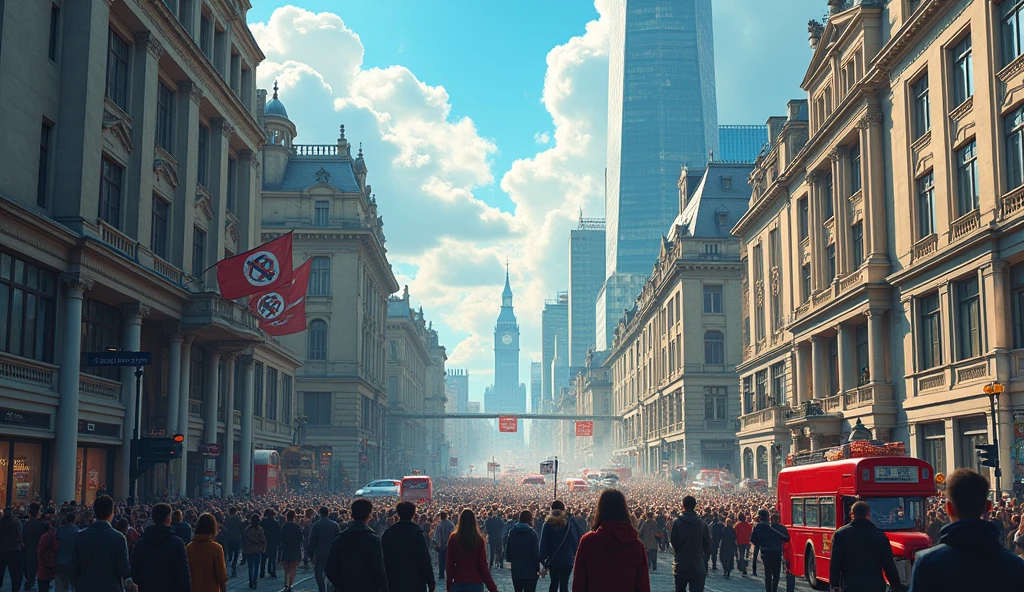 City of London by day, in chaos; blue sky