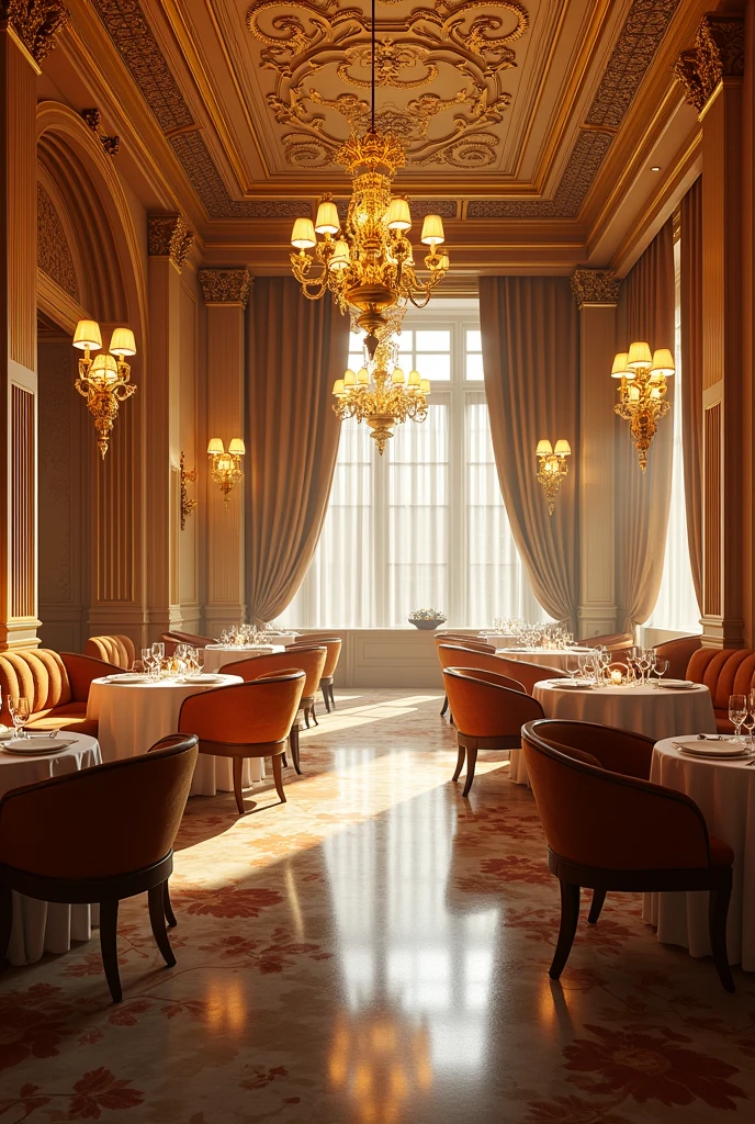 create an image of a large fine and elegant golden restaurant with huge luxury chairs 