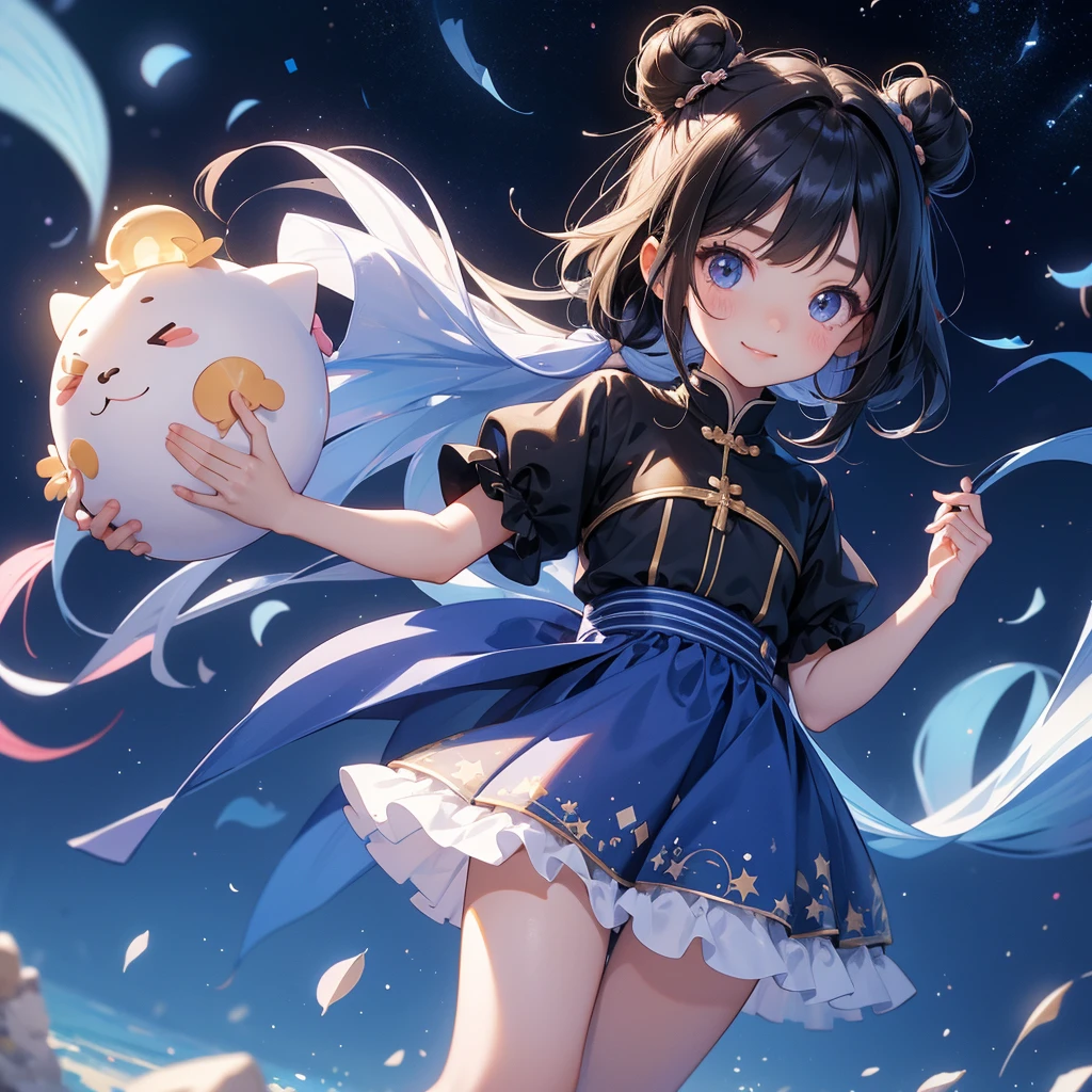 A chibi child girl had a small face and wearing a white little tourist priest’s outfit, a pair of big round eyes shone with curiosity about him. This child was so cute, her hair is black with buns on her hair. Small chibi , chibi baby, smiling , chibi.
Background is a dark night, with moonlight and millions of stars, twinkling everywhere, with blue light