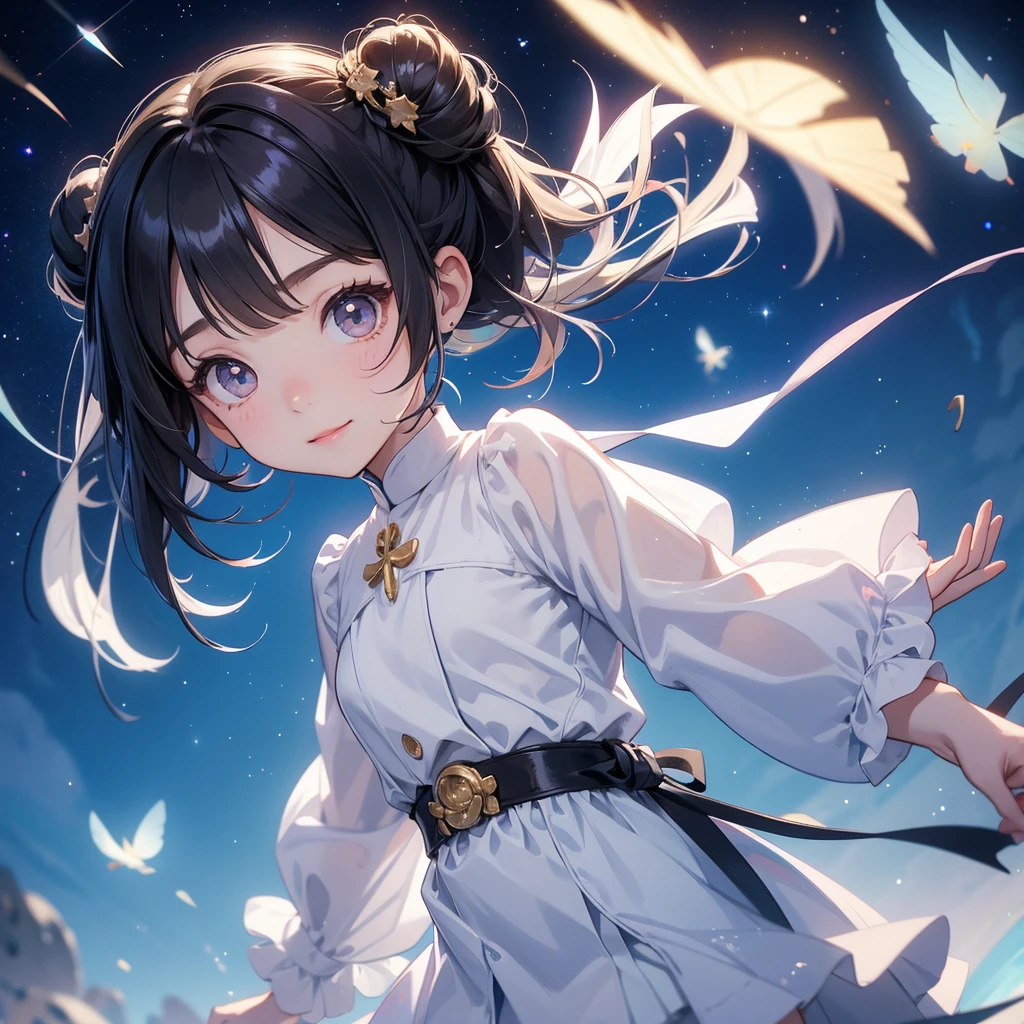A chibi child girl had a small face and wearing a white little tourist priest’s outfit, a pair of big round eyes shone with curiosity about him. This child was so cute, her hair is black with buns on her hair. Small chibi , chibi baby, smiling , chibi. 

Background is a dark night, with moonlight and millions of stars, twinkling everywhere, with blue light