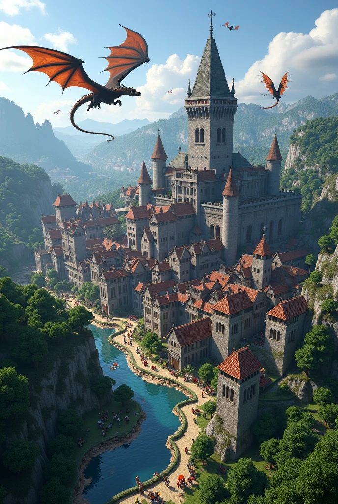 Aerial image of large medieval city in minecraft with dragons