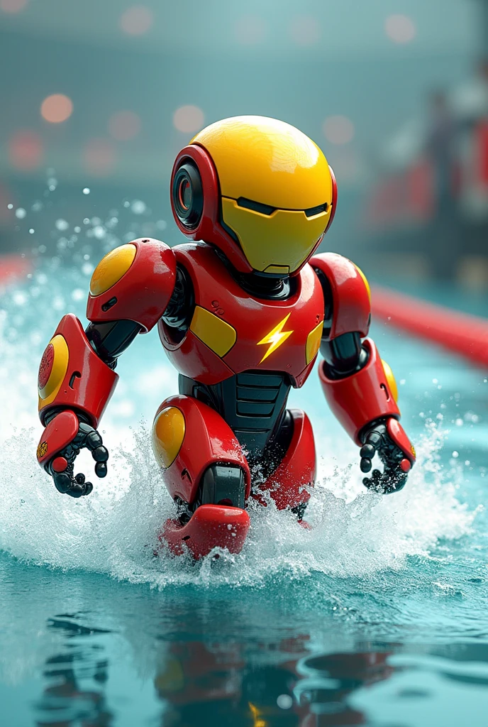 Create an Olympic mascot of a character that is swimming,  It must be a robot that has the colors red and yellow and on its chest it must have the logo of a lightning bolt with the word TAACSA