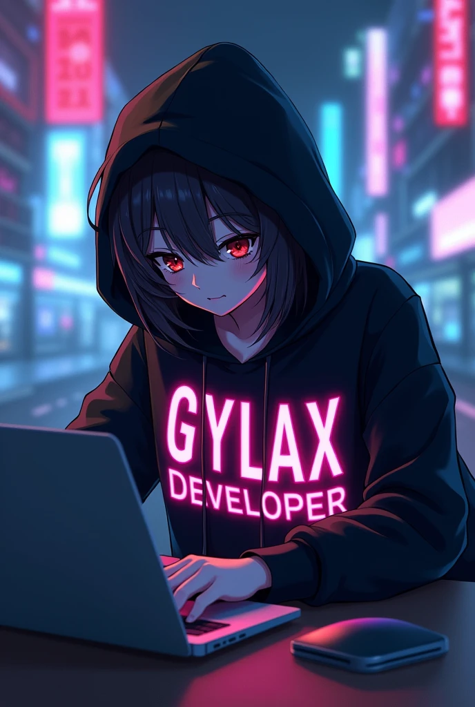 GIVE A FUTURISTIC BACKGROUND ON WHICH A ANIME SITTING DOING CODING ON A
Open LAPTOP , wearing a BLACK HOODIE WHICH HAVE A TEXT APPEAR IN NEON COLOR TEXT IS
"G Y L A X " " DEVELOPER " IN CLEAR WORDS VISIBLE TO US
IT SHOULD BE IN capital letter,,
Human face half covered with hoodie
Not GALAXY IT IS GYLAX
Human BACKGROUND WHICH IS BLUR SHOULD BE MORE ATTRACTIVE
Human FACE SHOULD BE ATTRACTIVE NOT UGLY OR SCARY