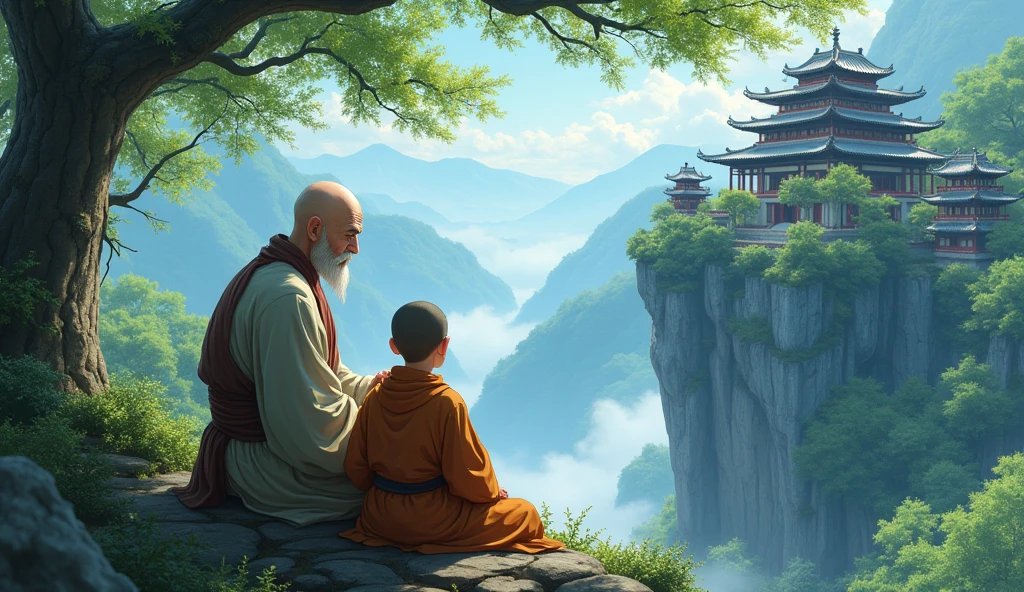 Old chinese bald monk sensei talking to young monk desciple, sitting, beautiful scenario, trees, temples, cliff, in anime style,