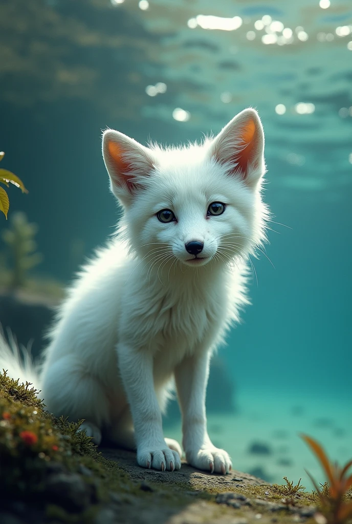 A white fox learning to dive in a lake, cute and realistic style, 1 fox, beautiful detailed eyes, beautiful detailed nose, beautiful detailed mouth, extremely detailed face and fur, wildlife, lake, clear water, underwater, diving, learning, focused expression, photorealistic, 8k, highly detailed, art by artgerm and greg rutkowski and alphonse mucha, cinematic lighting, vibrant colors, dramatic shadows