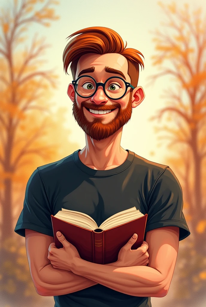 create a Disney style drawing, and Pixar watercolor of a 30-year-old red-haired and bearded man smiling and holding a psychoanalysis book in his hand. he is wearing a black t-shirt, he has short hair and is half bald, , wearing prescription glasses. square and oval face at the same time, meio gordinho