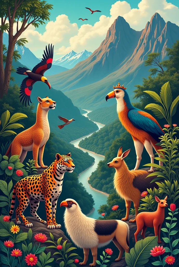 Make a drawing with the animals that represent South America and the culture of each South American country.